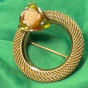 Gold Tone Brooch Mesh PINK FLOWER Accent Vintage #205977028252